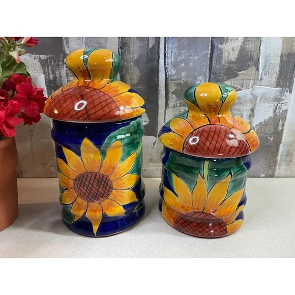 Mexican Blue Talavera Pottery Canister Set of 2 Sunflower w/ Lids - Picture 3 of 16
